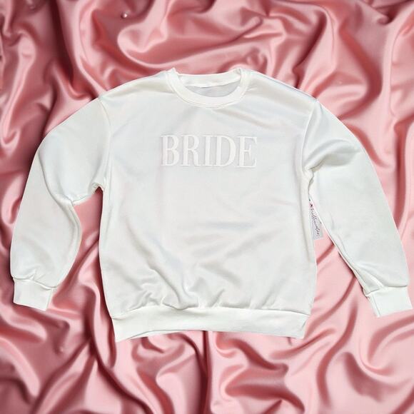 New Small White Embossed "Bride" Pullover Crew Sweater Bridal Bachelorette Party - Picture 3 of 5